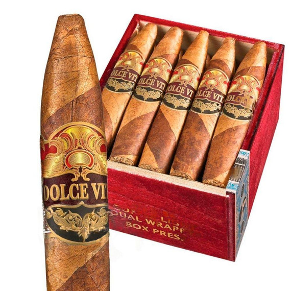 Dolce Vita Cafe Coffee Light Edition Figurado Cigars 20Ct. Box, image of a box of cigars with a close-up of one cigar showing its detailed band design.