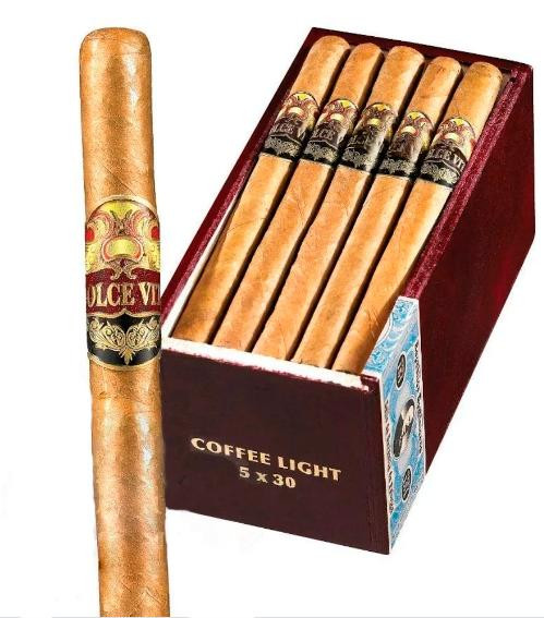 Dolce Vita Cafe Coffee Light Edition Petite Corona Cigars 25Ct. Box, featuring a close-up of a single cigar with its decorative band and a box containing five rows of similar cigars.