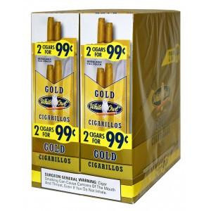 Swedish Match White Owl Cigarillos Gold 30 Pouches of 2, packaging with yellow design and images of cigarillos on the box.