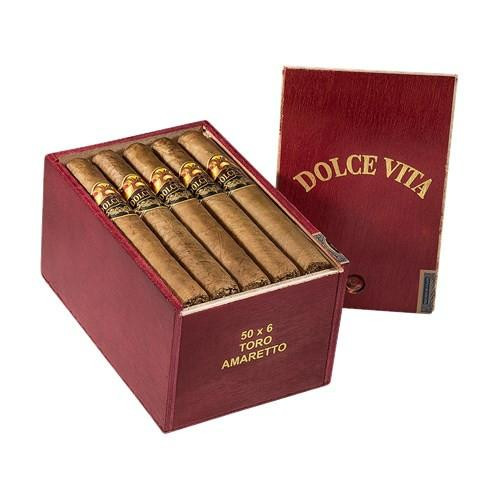 Dolce Vita Liqueurs Connecticut Toro - Amaretto Cigars 20Ct. Box, a red box containing 20 cigars with gold and black bands, with the box lid leaning against it.