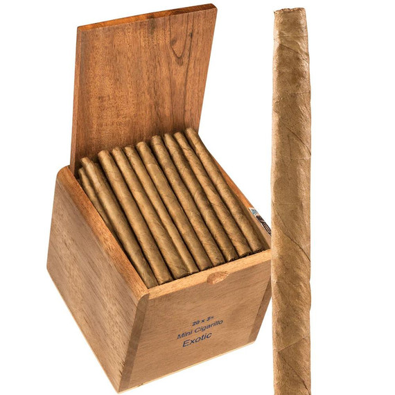 Dolce Vita Minis Mini Cigarillo Exotic Connecticut 100Ct. Box, wooden box containing mini cigarillos and one cigarillo outside the box.