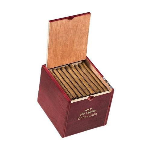 Dolce Vita Minis Mini Cigarillo Sweet Tip Connecticut 100Ct. Box, open wooden box displaying rolled mini cigars.