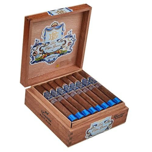 Don Pepin Garcia Blue Exquisito Cigars 24Ct. Box, a wooden cigar box containing 24 cigars with blue and gold band logos, open to display the neatly arranged cigars inside.
