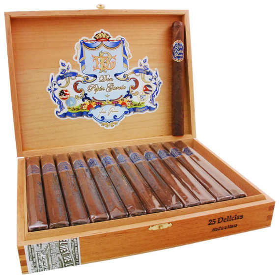 Don Pepin Garcia Blue Delicias Cigars 24Ct. Box, wooden cigar box containing 25 cigars with a logo on the inside of the lid.