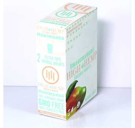 High Hemp Organic Wraps Maui Mango 25Ct/2, a box of herbal wraps with mango flavor, featuring colorful mango and botanical illustrations on the packaging.