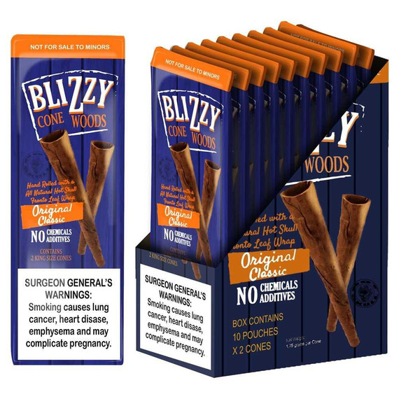 Blizzy Cone Woods Original Classic King Size Cones 10/2 Pouches, packaging with images of hand-rolled cones made from all-natural hot skull fronto leaf wrap, and a warning label about health risks.