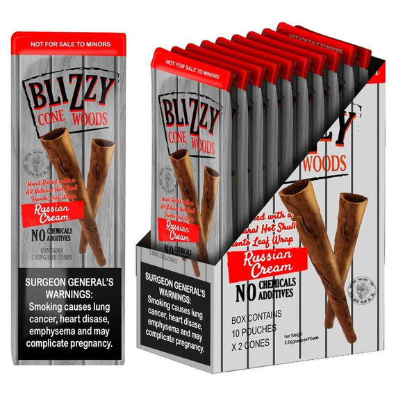 Blizzy Cone Woods Russian Cream King Size Cones, box containing 10 pouches of natural hot skull cones, featuring hand-rolled design without chemicals or additives.