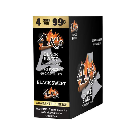 Good Times 4 Kings Cigars Black Sweet 15 Pouches of 4, product packaging showing black and gold design with a flame logo and detailed product information.