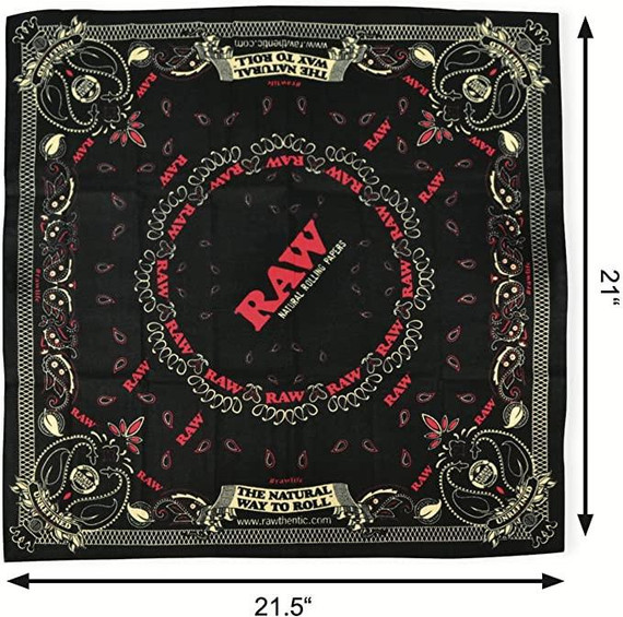 RAW Bandana Black, black bandana with red, white, and beige decorative patterns and the RAW logo in the center.