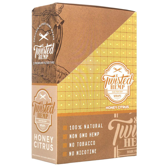 National Almond Honey Twisted Hemp Wraps Honey Citrus, product packaging with 15 pouches of 2 wraps each, featuring natural, non-GMO hemp, honey citrus flavor, and designed for smooth taste.