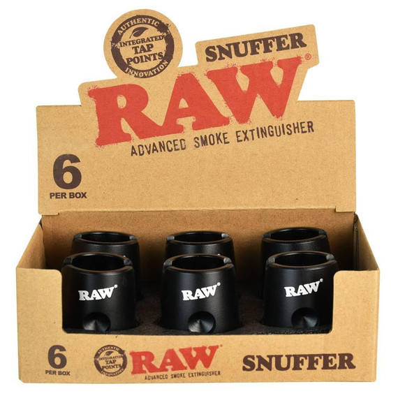 RAW Snuffer Advance Smoke Extinguisher 6Ct, black cylindrical smoke extinguishers with RAW logo, designed to extinguish smoking materials.