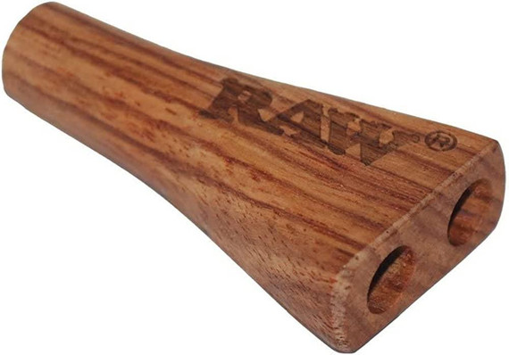 RAW Double Barrel Wooden Cigarette Holder, close-up view showing the smooth wooden finish and engraved RAW logo.
