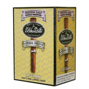 National Almond Honey Bluntville Cigars Natural Deluxe, packaging of 25 large cigars with almond honey flavor, double wrappers, and detailed branding.
