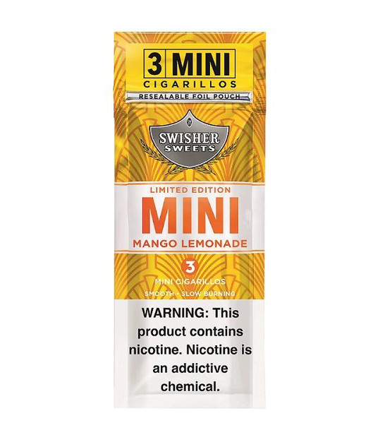 Swisher International Swisher Sweets Mini Cigarillos Foil Mango Lemonade 15/3, resealable foil pouch with mango lemonade flavor mini cigarillos design and warning label.