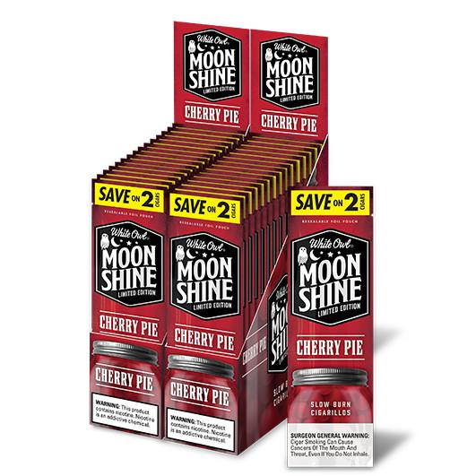 Swedish Match White Owl Cigarillos Cherry Pie Moonshine 30/2, display box featuring Cherry Pie flavored cigarillos with warning labels and promotional signs.
