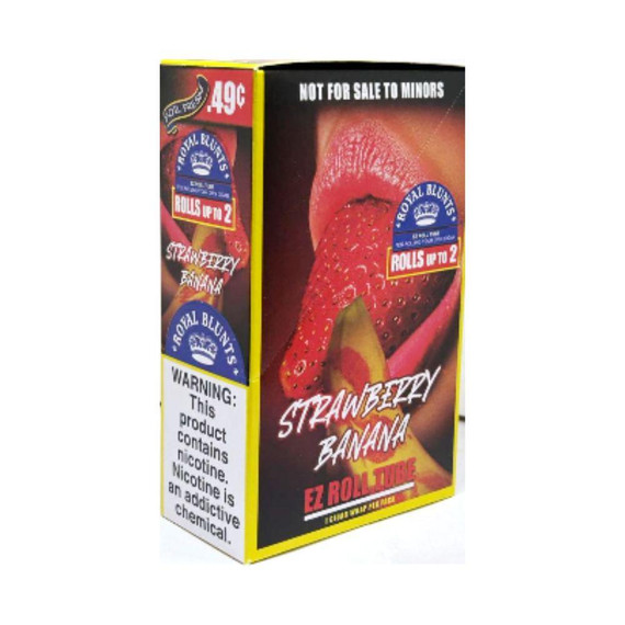 Royal Blunts EZ Roll Wraps Tubes Strawberry Banana 25Ct, packaging with an image of a person licking a strawberry banana-flavored treat, featuring red, yellow, and black colors.