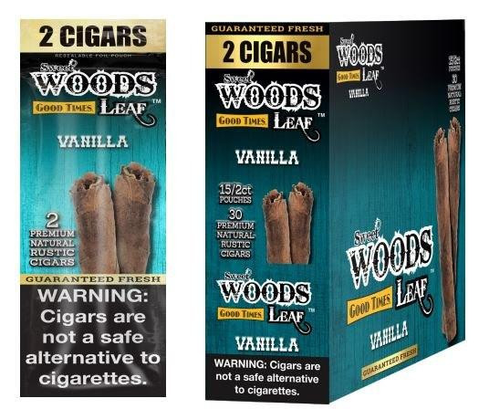 Good Times Sweet Woods Vanilla 15 Pouches of 2, product packaging displaying vanilla flavored cigars with warning label and branding.