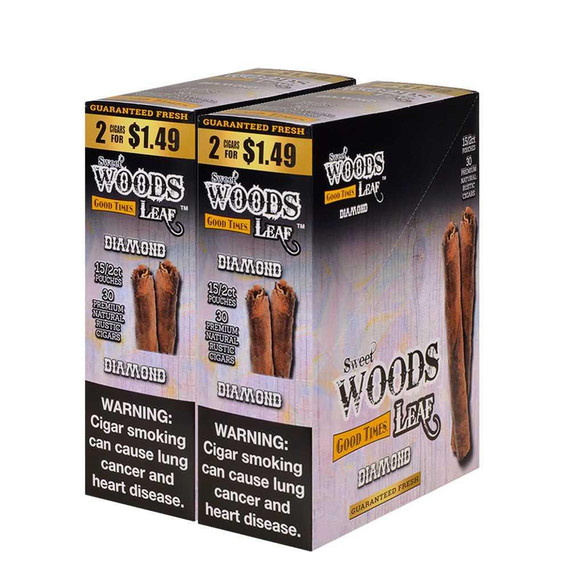 Good Times Sweet Woods Diamond 15 Pouches of 2, product image showing two boxes of premium cigarillos with rustic leaf packaging and warning label.