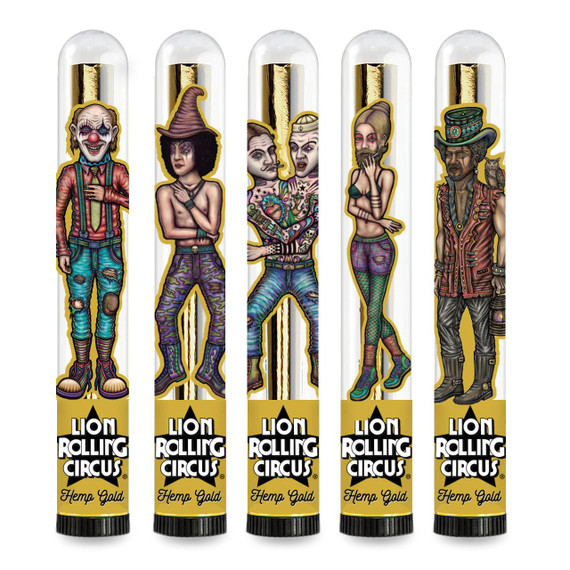 Lion Rolling Circus Hemp Gold King Size Cone 5ct, illustrated cartoon-style circus characters on the packaging.