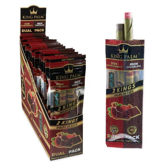 King Palm Wraps King Size Mixed Pomegranate & Chocolate 20Ct, display of rolled herbal wraps in a packaging box and a single pack showing the flavor and product details.