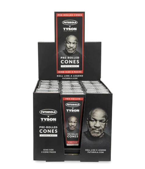 Futurola Tyson Ranch King Size Cones 30Ct/3, black display box containing multiple packs of pre-rolled cones featuring Tyson Ranch branding and images of Tyson on the packaging.