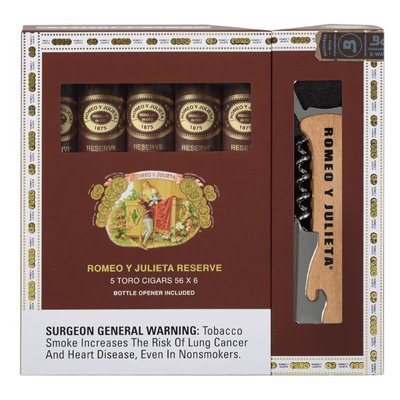 Romeo Y Julieta Cigars Reserve Toro Sampler with Wine Opener, boxed set featuring five cigars and a wooden corkscrew with the brand name engraved, displayed in red and gold packaging.