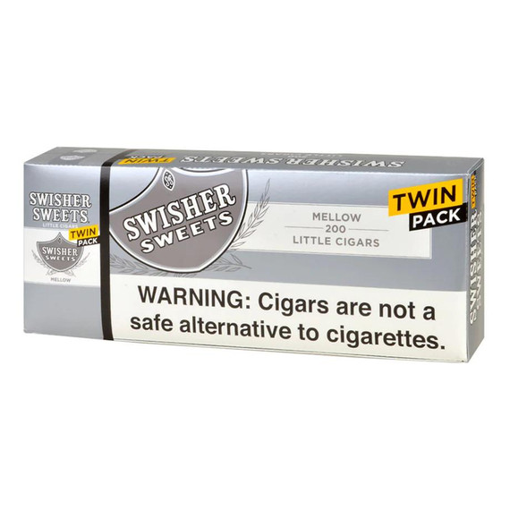 Swisher International Swisher Sweets Little Cigars Mellow Twin Pack, Gray and white packaging with black and yellow accents, warning label at the bottom.