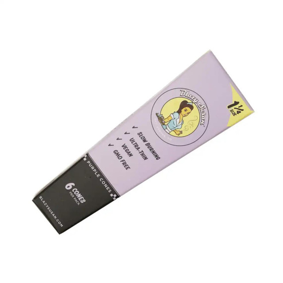 Blazy Susan Pre-Rolled Cones 1 1/4 6Pk Purple, pack of six purple pre-rolled cones for smoking, with vegan and GMO-free features, designed for slow burning and ultra-thin construction.