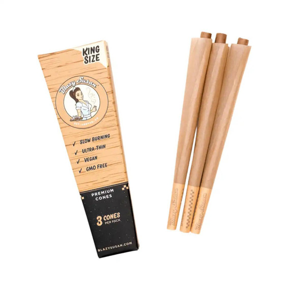 Blazy Susan Pre-Rolled Cones King 3Pk Brown, product image showing a box of premium pre-rolled cones with three brown cones positioned beside it.