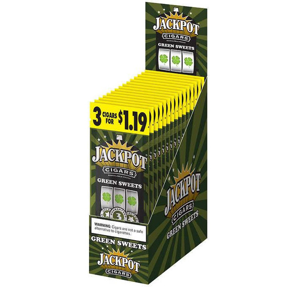 Product Swedish Match Jackpot Cigarillos Green Sweet 15/3Ct, display box of cigarillos with green shamrock design and promotional price of 3 for $1.19.