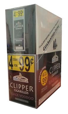 Global Tobacco Clipper Cigarillos Black Voodoo 15 Pouches of 4, product packaging with promotional price labels and branding.