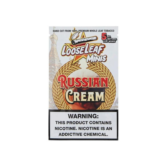 Loose Leaf Premium Whole Leaf 8 Packs of 5, product packaging featuring Russian Cream flavor, hand-cut tobacco with natural leaf wraps, warning label about nicotine content.