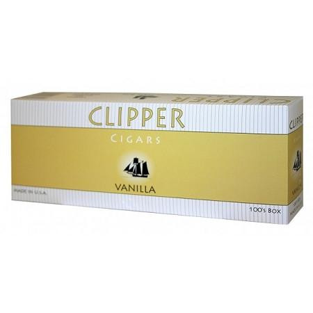 Global Tobacco Clipper Filtered Cigars Vanilla, a box of vanilla-flavored filtered cigars, featuring a rectangular packaging with a white and yellow design and the Clipper logo.