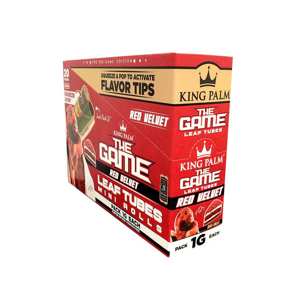 King Palm Wraps King Palm Minis Rolls The Game Red Velvet 20Ct/2, packaging box of pre-rolled leaf tubes with red velvet flavor, featuring flavor tips, leaf tubes, and colorful design elements.