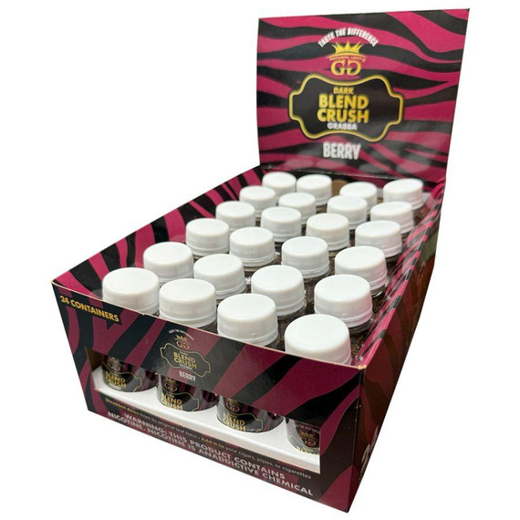 GG Dark Blend Crush Grabba Berry 24CT, display box of berry flavored herbal product bottles with white caps.