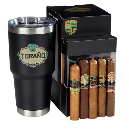 Torano Cigars Champions Cup Sampler, a set of five assorted cigars with a branded black and silver travel tumbler in front of a black box.