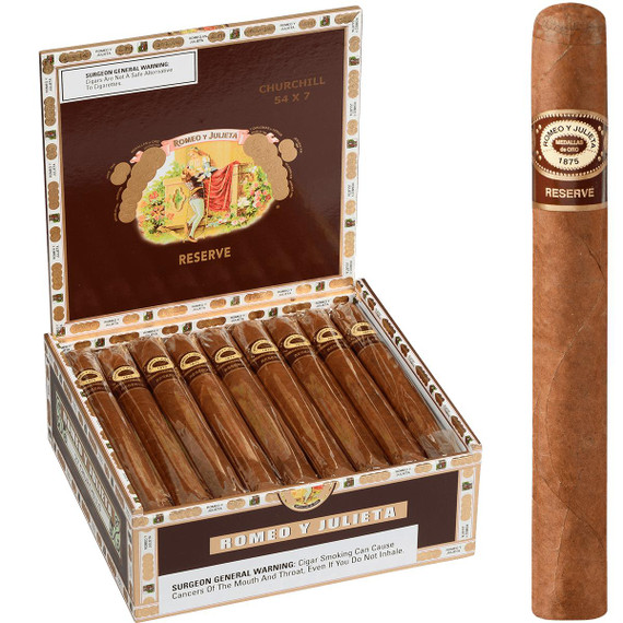 Romeo Y Julieta Habana Reserve Churchill 27 Ct. Box, image of a open cigar box filled with cigars with a detailed label on each cigar and luxurious packaging.