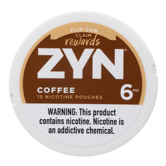 Zyn Nicotine Pouches Coffee 6 Mg 15/5 Tins, product image showing a round white tin container with a brown and white label highlighting the nicotine content and flavor.