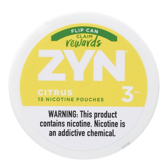 Zyn Nicotine Pouches Citrus 3 Mg 15/5 Tins, circular tin container with yellow and green label featuring product name, nicotine content, and warning message.