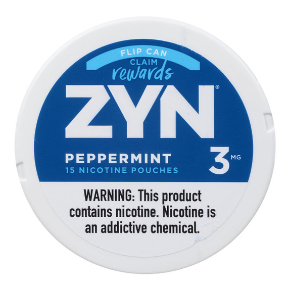 Zyn Nicotine Pouches Peppermint 3 Mg 15/5 Tins, a round white container with blue label displaying product name, flavor, nicotine strength, and a health warning.