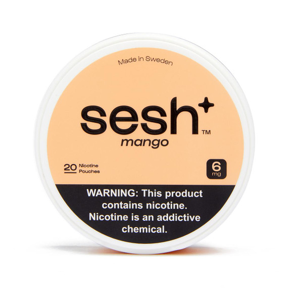 Sesh Tobacco Free Nicotine Pouch Mango 6mg 1/5 Ct Roll, round container with peach-colored label, black text, and warning notice.