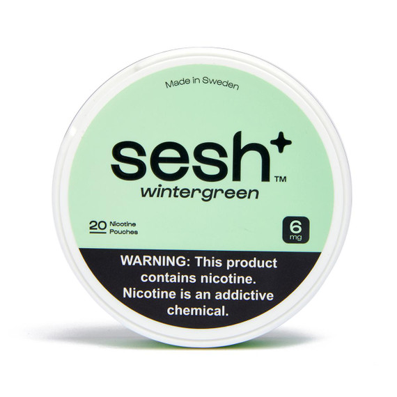 Sesh Tobacco Free Nicotine Pouch Wintergreen 8mg 1/5 Ct Roll, green round container with product label indicating nicotine pouch flavor and strength.