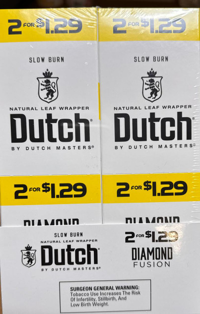 Product Altadis Dutch Masters Cigarillos Foil Diamond Fusion 30 Pouches of 2, retail display image showing boxes of Dutch Masters cigarillos with promotional pricing labels.