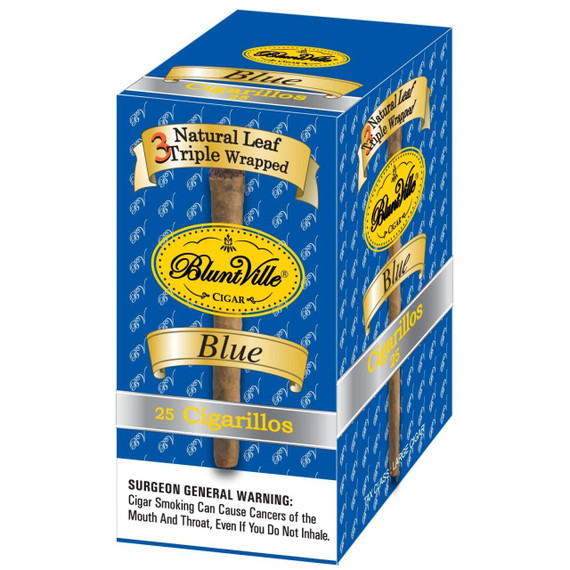 Swisher International Bluntville Cigarillos Blue, a pack of 25 cigars with blue packaging and gold accents, featuring a cigar illustration and text highlighting natural leaf, triple wrapped, and blue flavor.