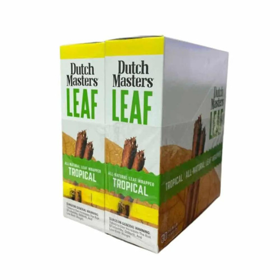 Altadis Dutch Masters Leaf Cigars Tropical 30/2Ct, box of natural leaf wrapped cigars with tropical flavor, featuring green branding and an image of cigars on the packaging.