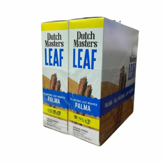 Product Altadis Dutch Masters Leaf Cigars Palma 30/2Ct, box of all-natural leaf-wrapped cigars with packaging featuring blue, yellow, and white colors, and imagery of palm trees.