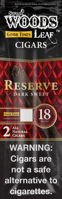 Good Times Sweet Woods Reserve Dark Sweet 15/2, resealable foil pouch containing natural cigars with a red and black patterned design.