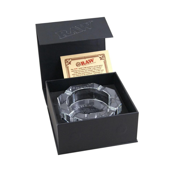 RAW Lead Free Crystal Ashtray, clear lead-free crystal ashtray with cut design, presented in black gift box with product information.