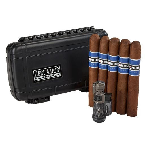 Cohiba Blue Cigars Travel Combo with Lighter, includes five cigars, a black carrying case, and a lighter, ideal for travel and outdoor smoking.