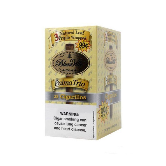 Swisher International Bluntville Cigars Palma Trio 25 Cigarillos, pre-priced at $0.99 each, packaged in a yellow and silver box with black and gold branding, featuring warning label about health risks.